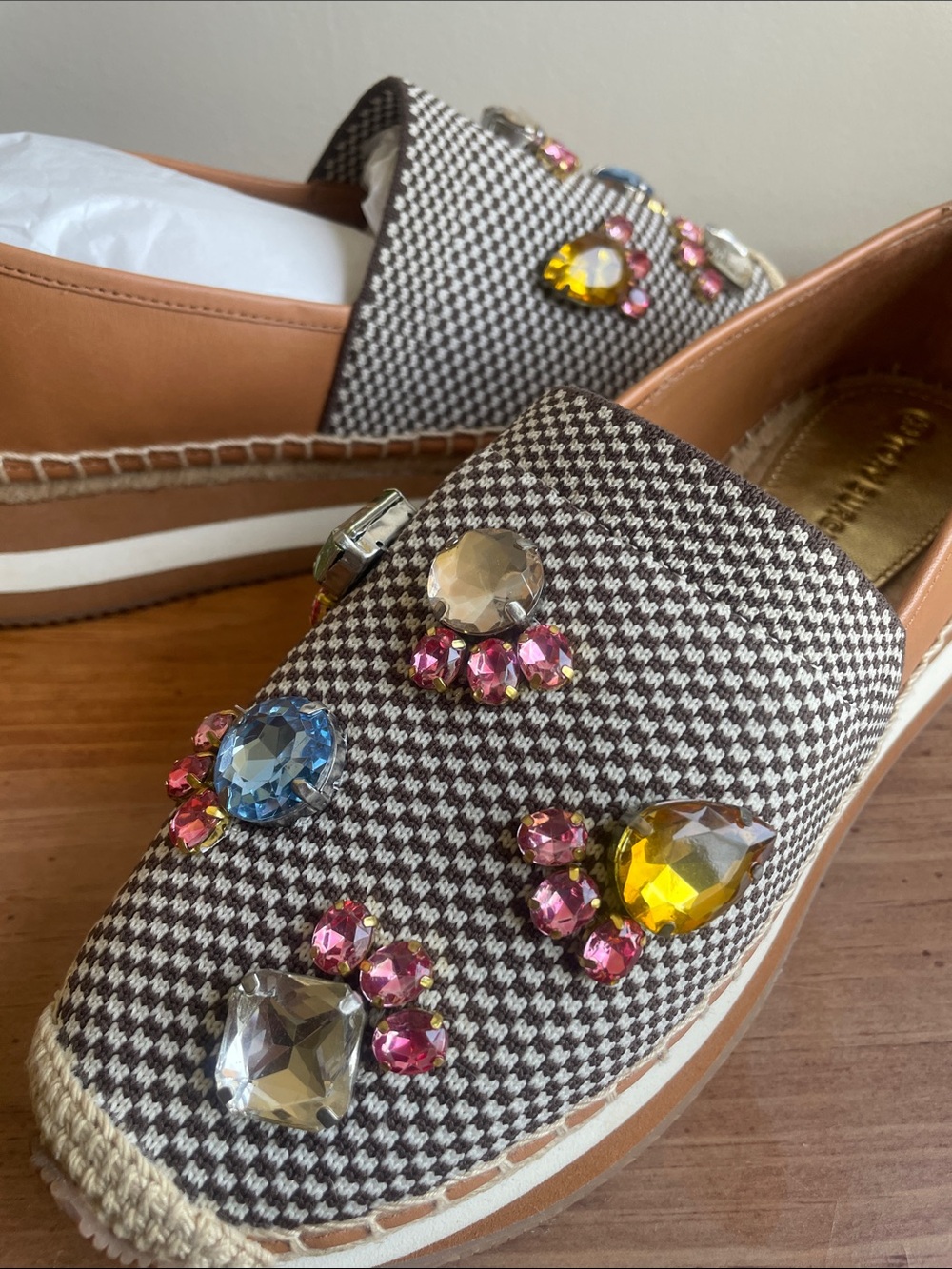 Tory Burch Brown Houndstooth Gem Embellished Espadrille Flats
